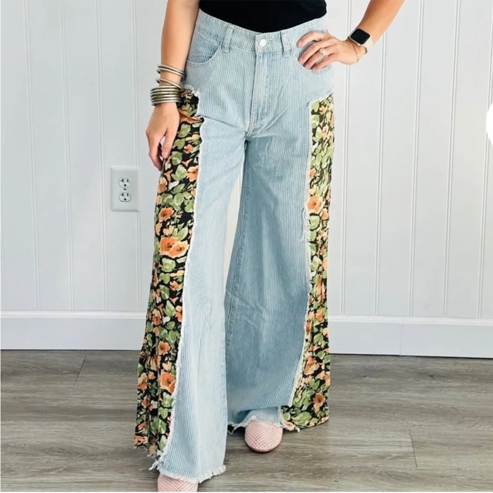 POL Blue and White Striped Mixed-Media Pants